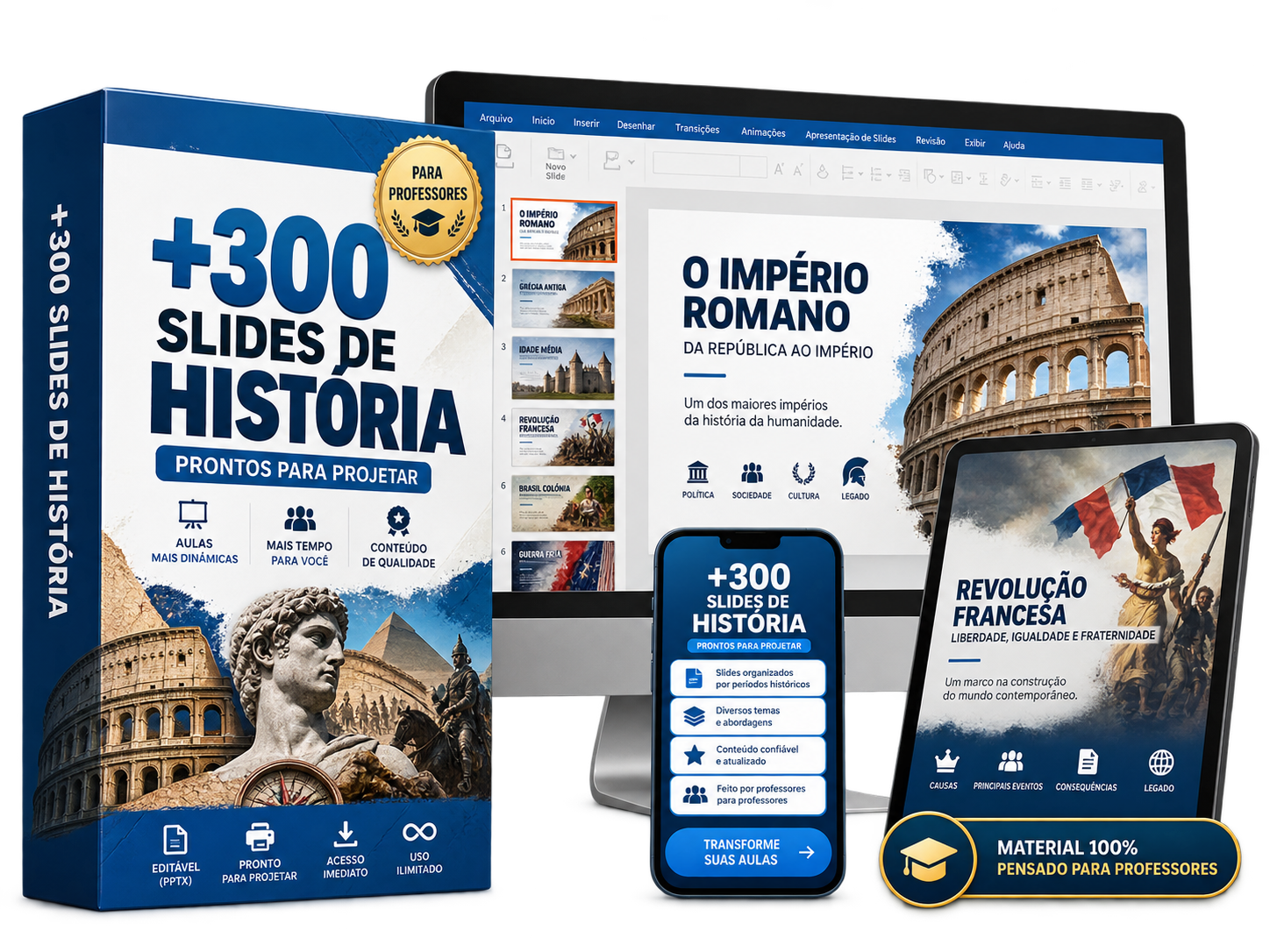 Mockup do pacote de slides de História exibido em notebook, celular e cartões impressos